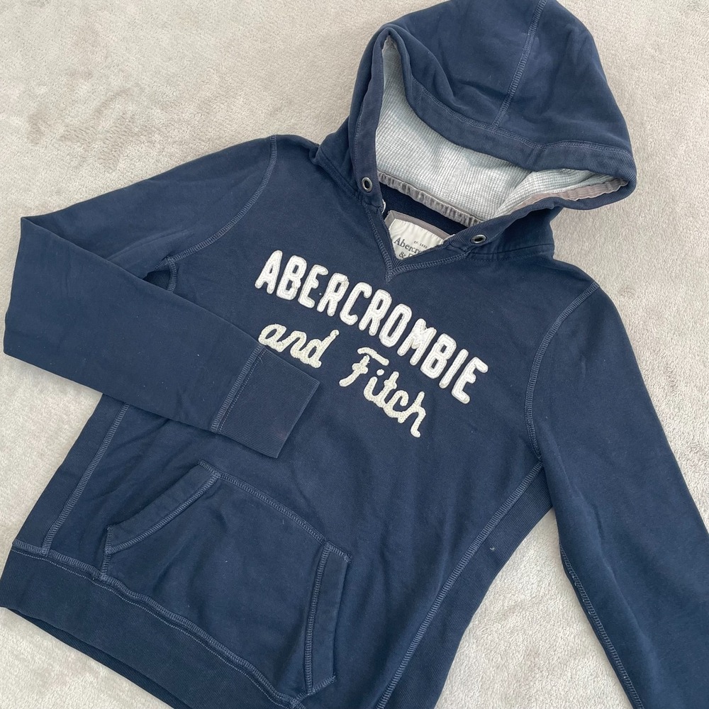 Abercrombie & Fitch Pullover Hoodie Women Large Navy Embroidered SpellOut Logo